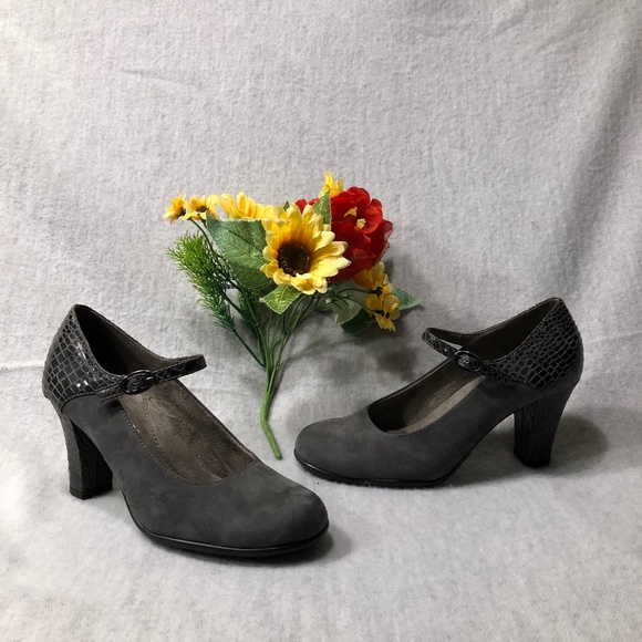Gray Suede/Croc Heeled Mary Jane Pumps - Picture 1 of 16